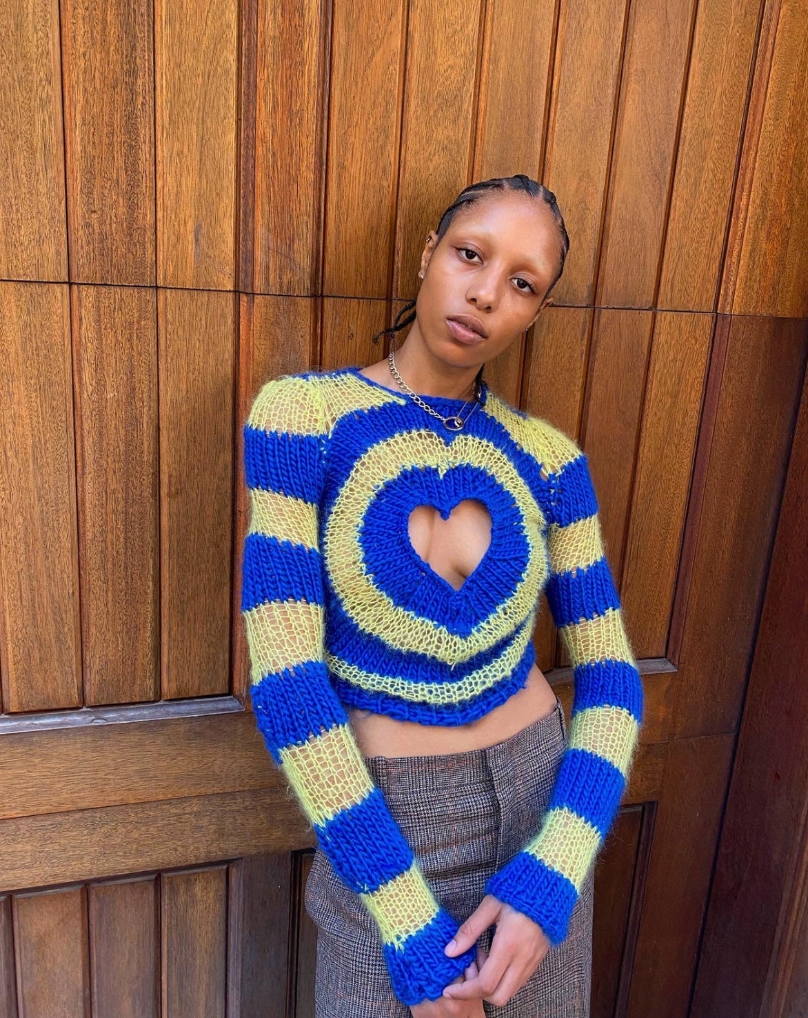 Lirika Matoshi Blue Yellow Radiant Heart Cutout Crochet Knit Fuzzy Sweater Xl